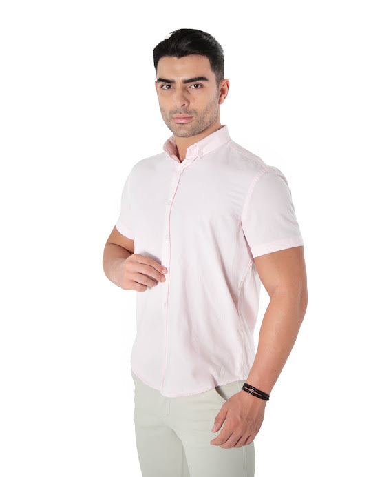 Camisa Masculina Manga Curta Slim Fit Oxford Button Down Algodão