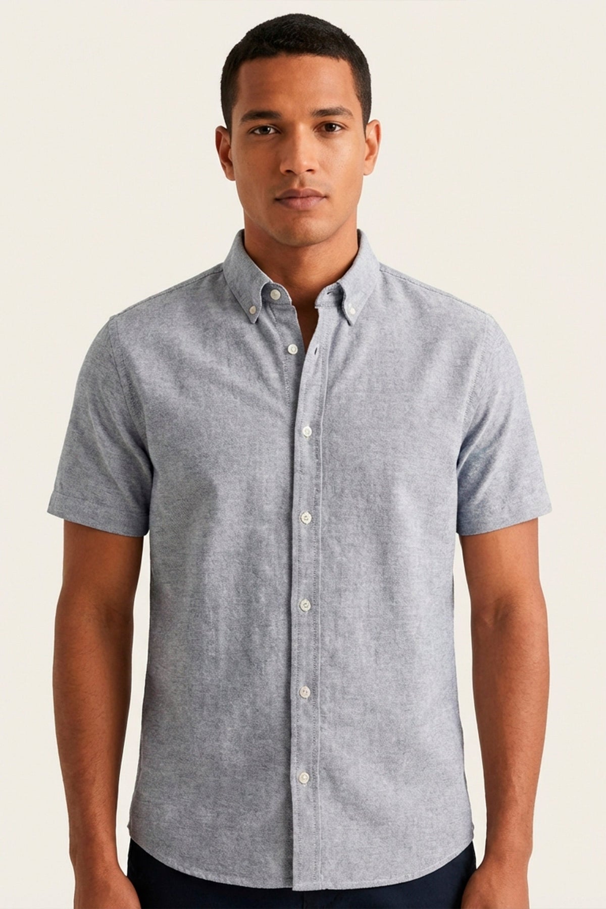 Camisa Masculina Manga Curta Slim Fit Oxford Button Down Algodão