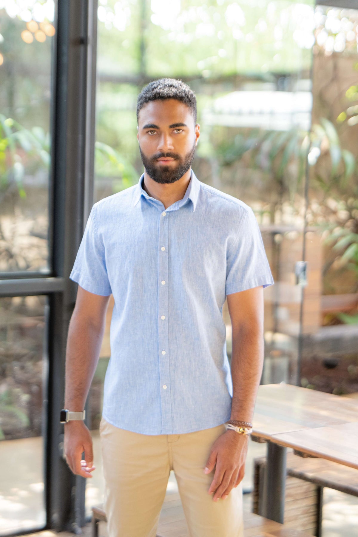 Camisa Masculina Manga Curta Slim Fit Oxford Button Down Algodão