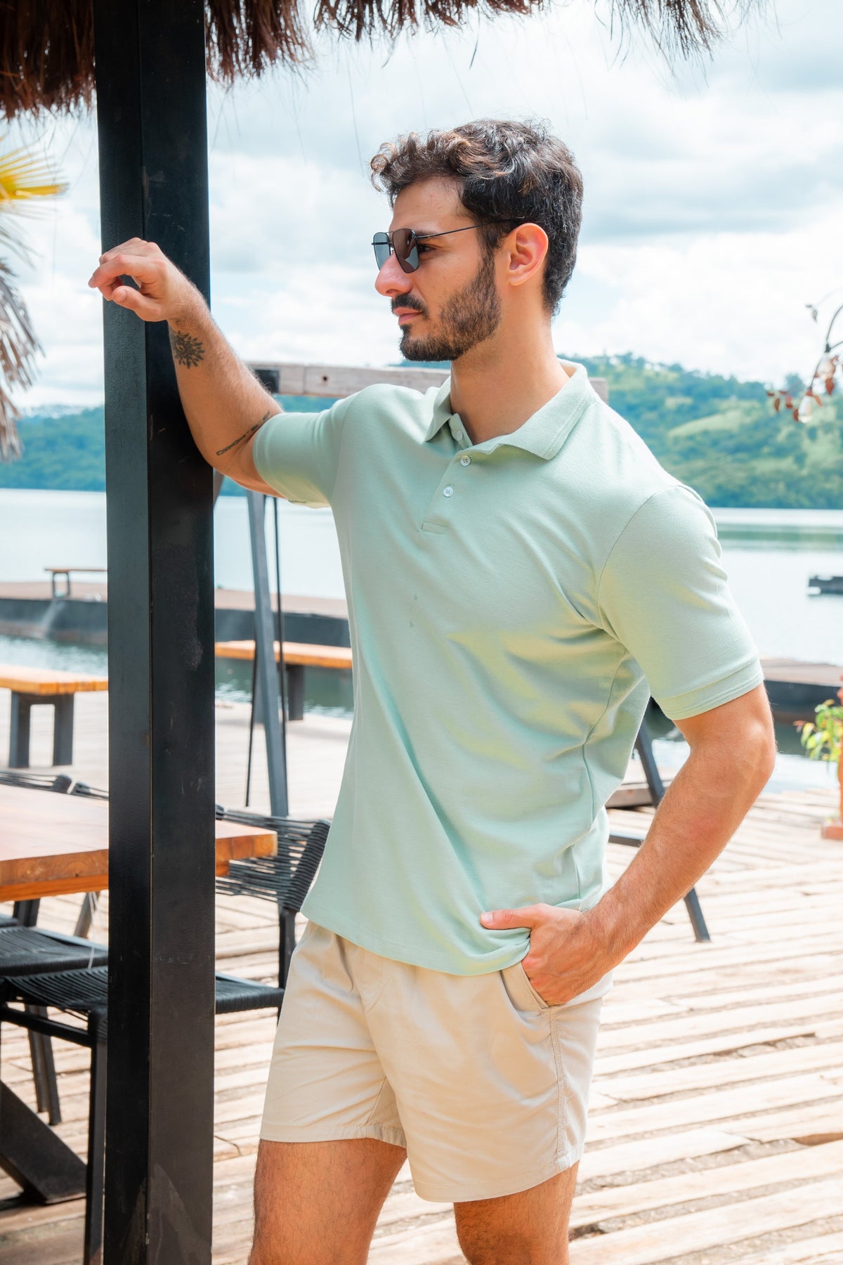 Polo Masculina Piquet Contínua Gola Estruturada Algodão Elastano