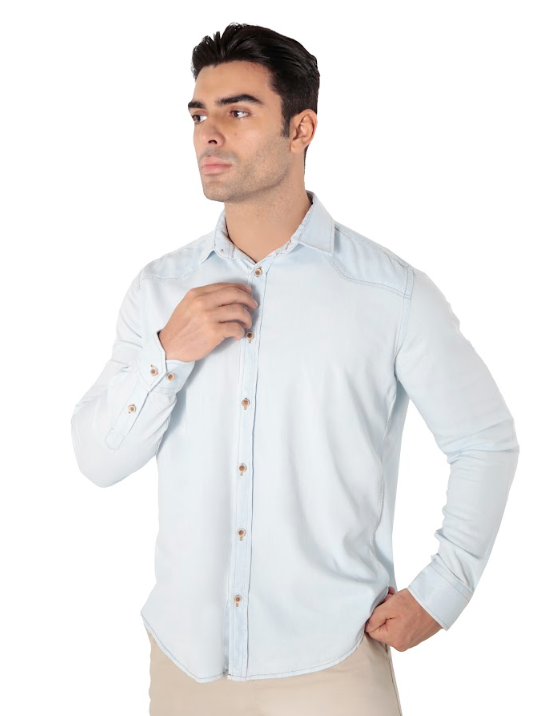 Camisa Masculina Manga Longa Slim Fit Jeans Delavê