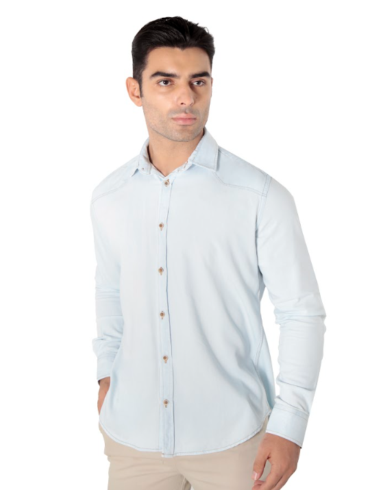 Camisa Masculina Manga Longa Slim Fit Jeans Delavê