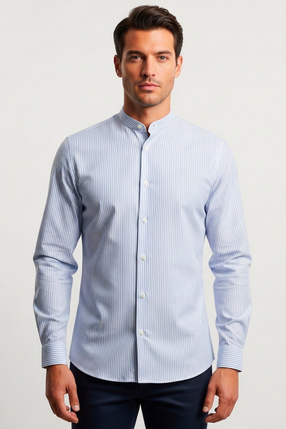 Camisa Masculina Manga Longa Slim Fit Gola Padre Listras