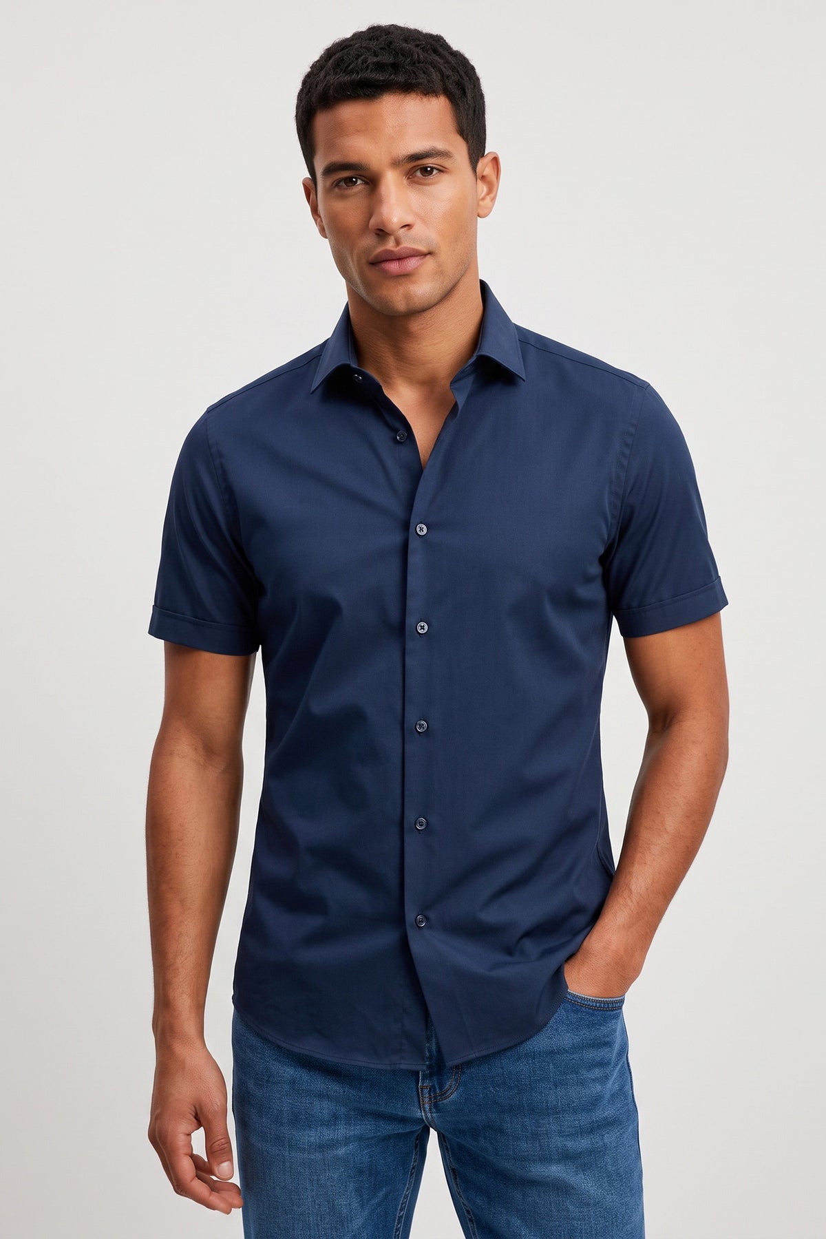 Camisa Masculina Manga Curta Slim Fit Algodão