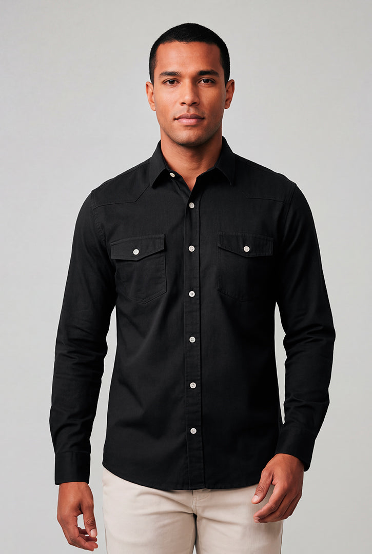 Camisa Masculina Manga Longa Slim Fit Sarja Algodão