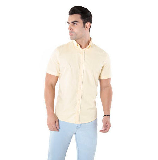 Camisa Masculina Manga Curta Slim Fit Oxford Button Down Algodão